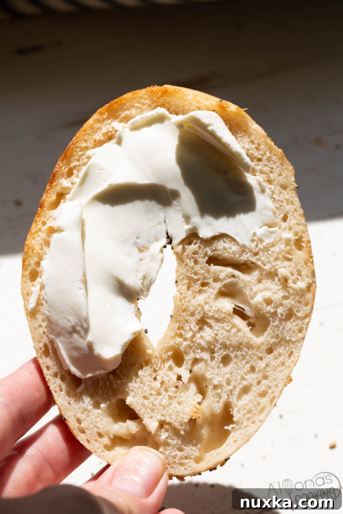 New York Style bagels with chewy crust and airy interior, showing a toasted slice with cream cheese