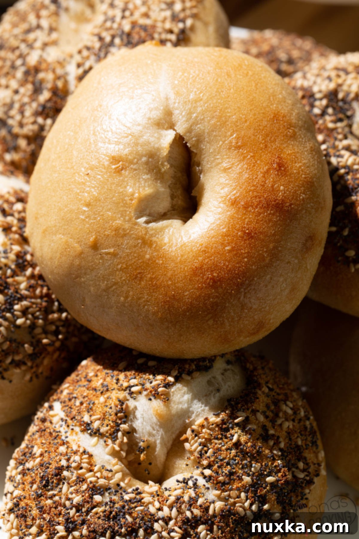Close-up of shiny, perfectly golden sourdough bagel crust