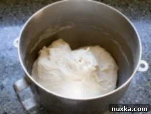 Sourdough bagel dough being mixed in a stand mixer