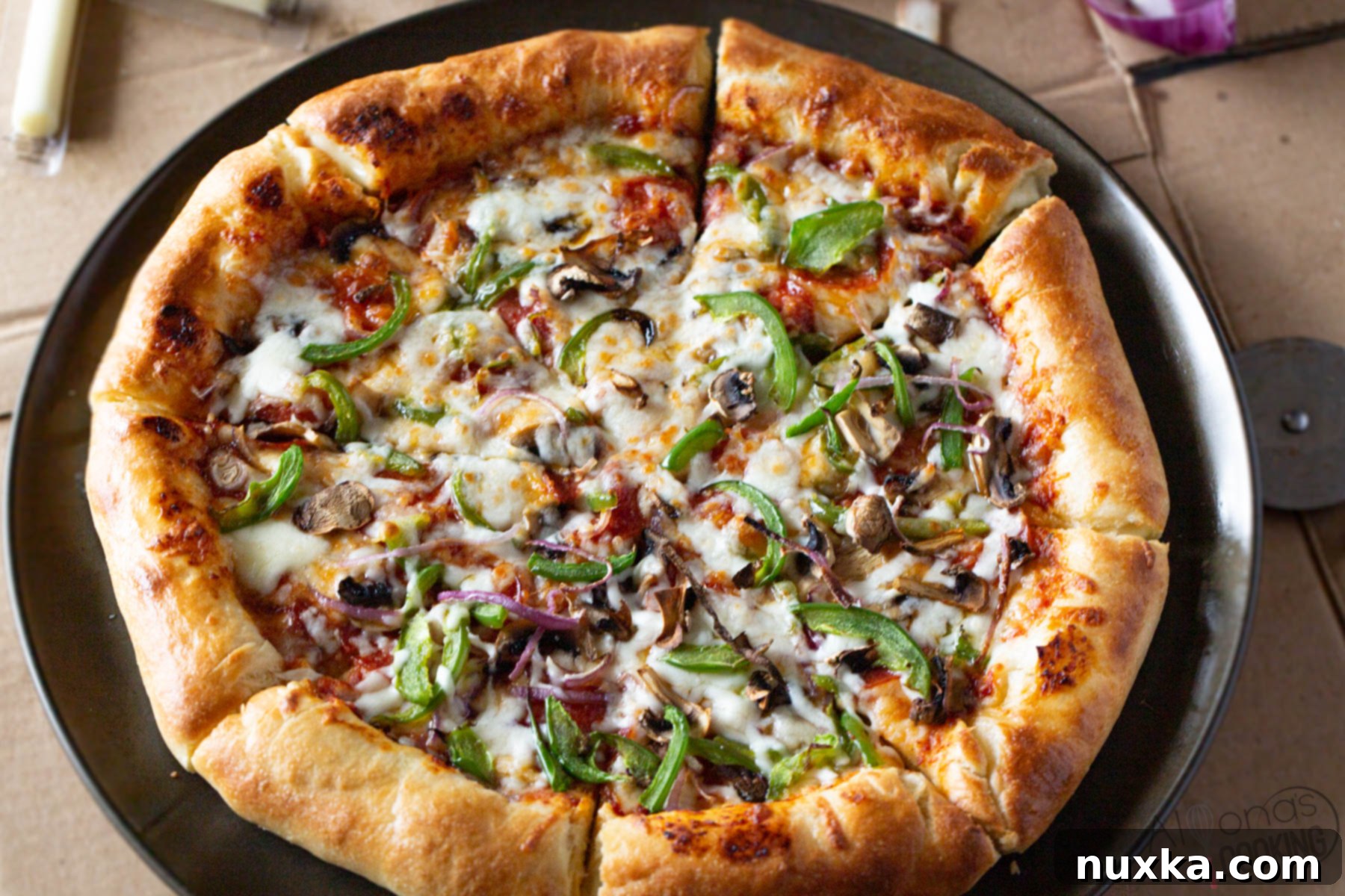Close-up of a freshly baked homemade stuffed crust pizza