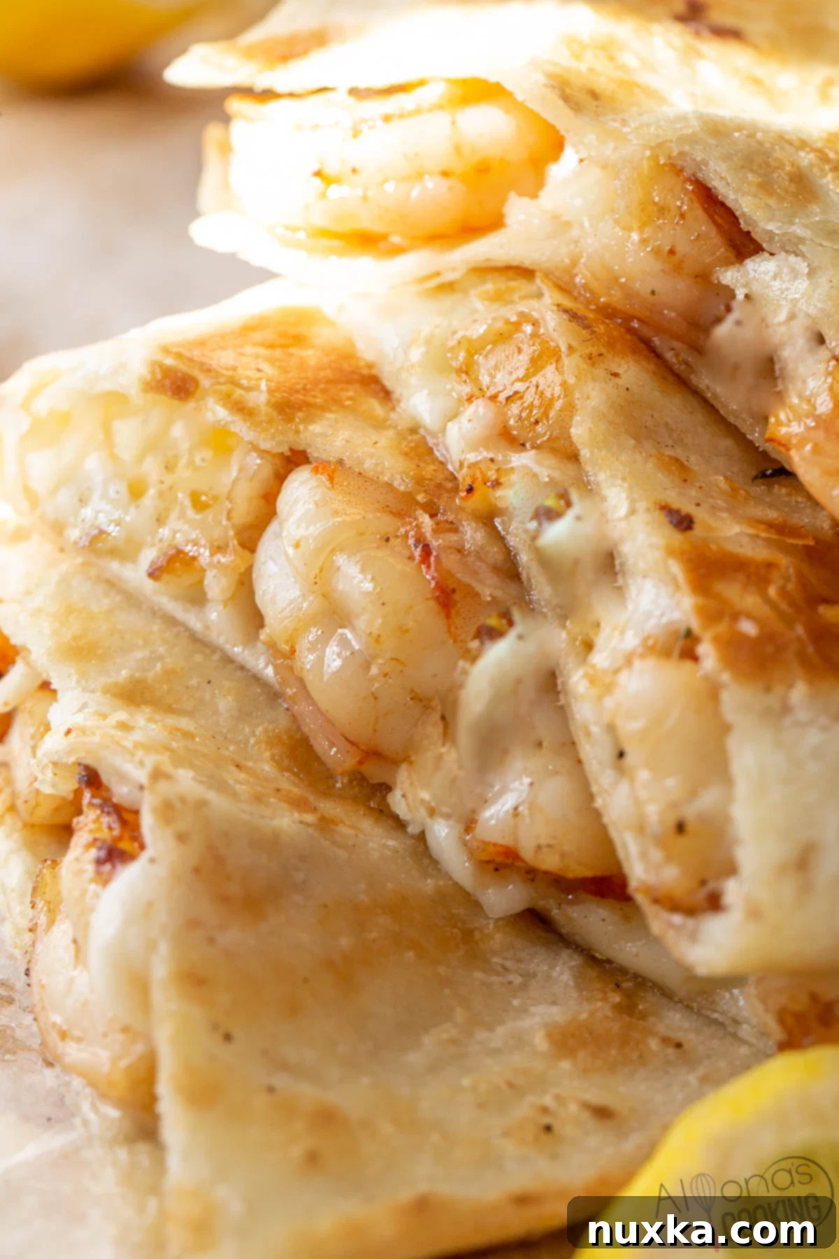 fried shrimp quesadilla recipe - golden brown tortilla with visible shrimp and melted cheese