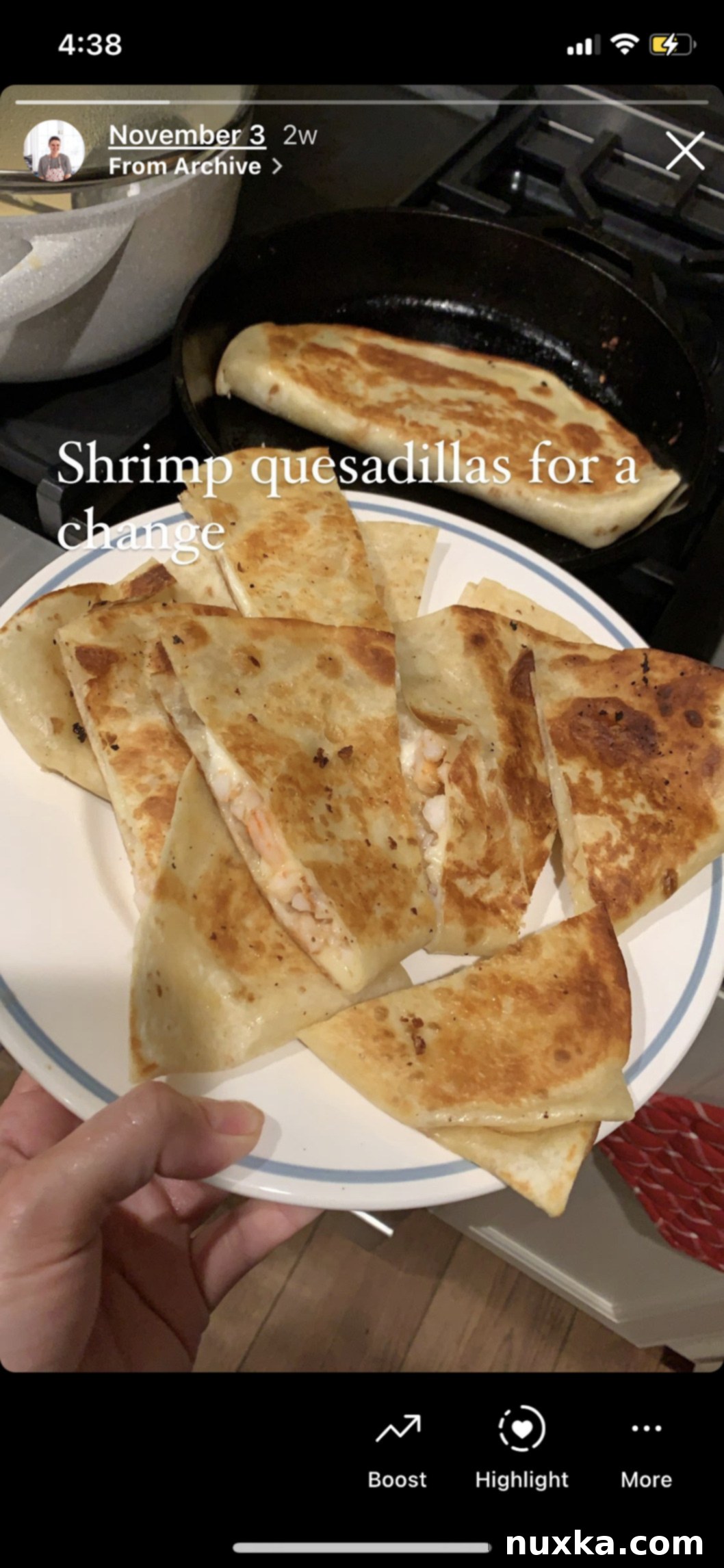 how to grill a shrimp quesadilla over the stove - close-up of a golden brown quesadilla being cooked on a pan