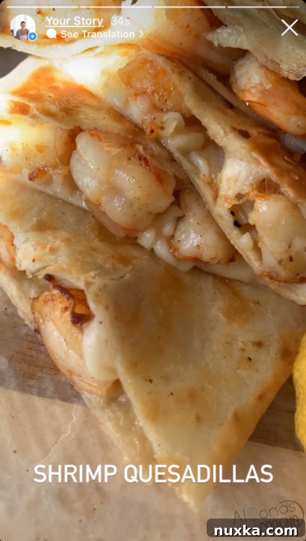 how to make shrimp quesadillas with simple ingredients - a stack of shrimp quesadilla wedges with lime and cilantro