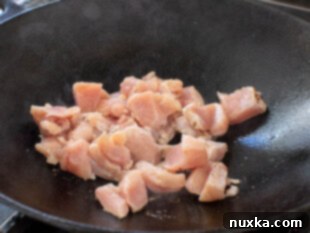 How to cook chicken breast pieces in a hot wok with oil for fried rice