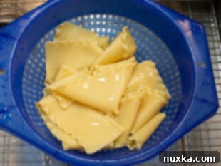Cooking lasagna noodles in boiling water to achieve ready pasta sheets for layering.