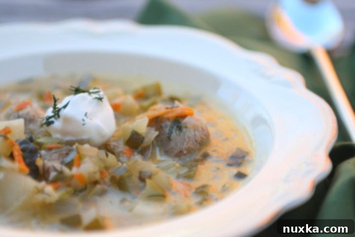 A comforting bowl of Ukrainian Pickle Soup (Rassolnik) with a spoon