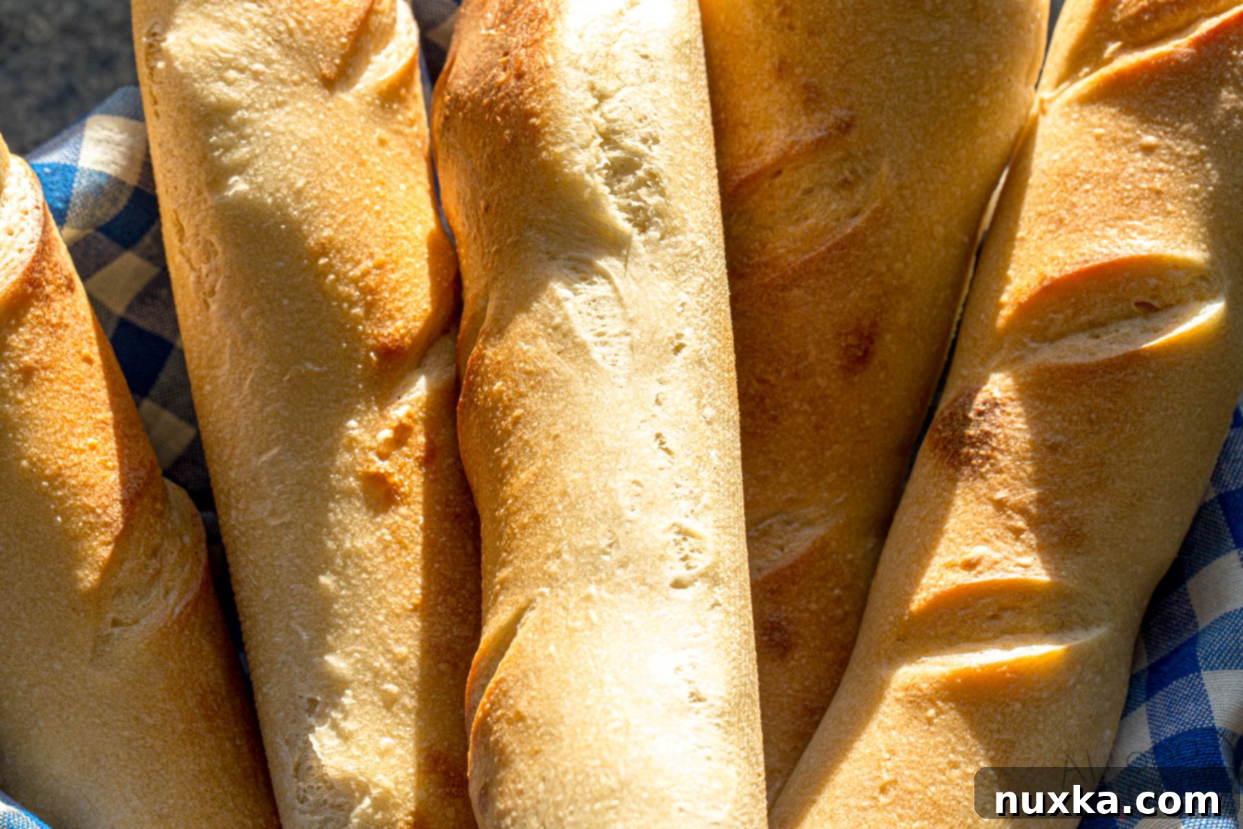 Close-up of golden brown sourdough French baguettes arranged on a baking sheet