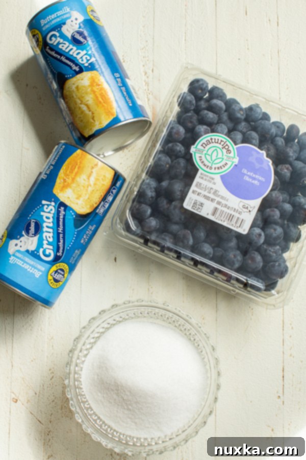 Key ingredients for quick blueberry steamed dumplings, including refrigerated biscuit dough, fresh blueberries, and granulated sugar.