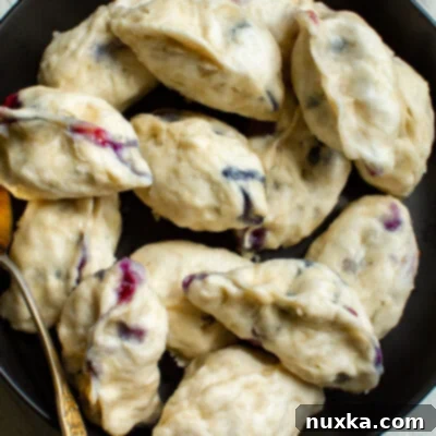 Blueberry Steamed Dumplings 2 Fluffy blueberry steamed dumplings using biscuit dough, a quick and easy Vareniki recipe.