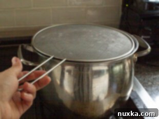 Step 1: Bring water to boil in a pot and set up the splatter screen.