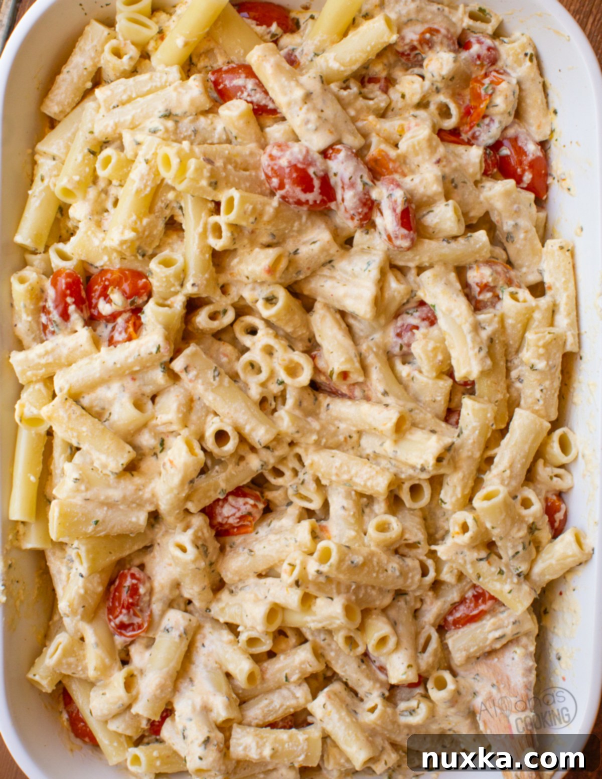 baked feta pasta with ziti pasta and fresh herbs