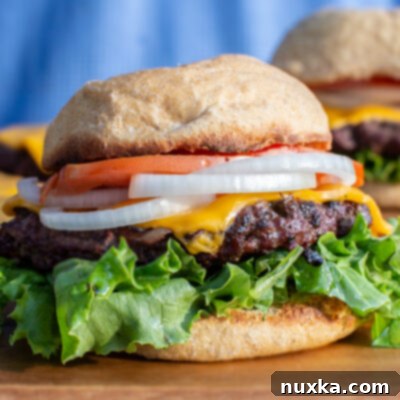A perfectly cooked venison burger, nestled in a bun with fresh ingredients