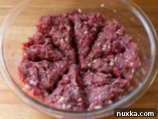 Ground venison mixture seasoned with salt, pepper, and minced onion in a bowl