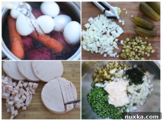 Step-by-step image of dicing cooked potatoes and carrots for Olivye Salad, ensuring uniform small cubes.