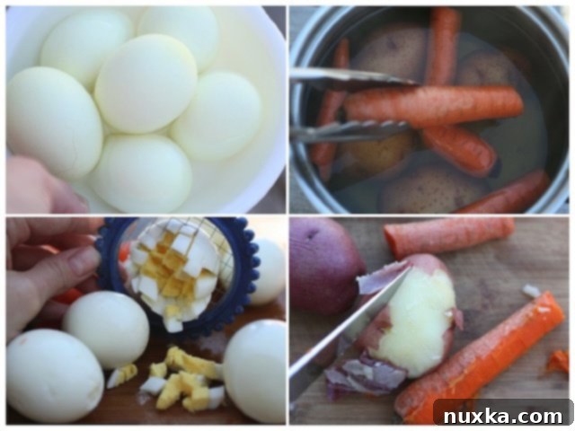 Adding diced boiled vegetables and eggs to the bowl with other Olivye salad ingredients, ready for mixing.