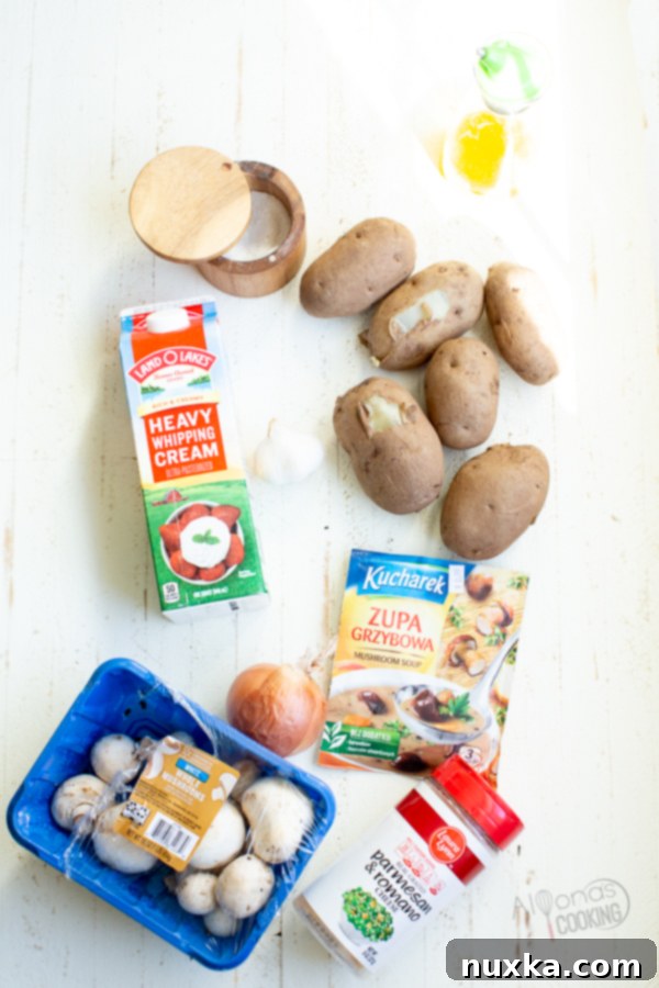 Ingredients for homemade mushroom scalloped potatoes with Alfredo sauce