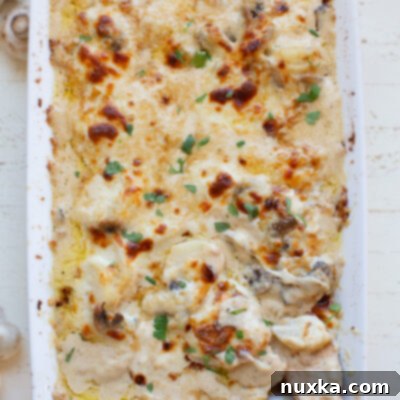 Close-up of baked mushroom scalloped potatoes ready to serve