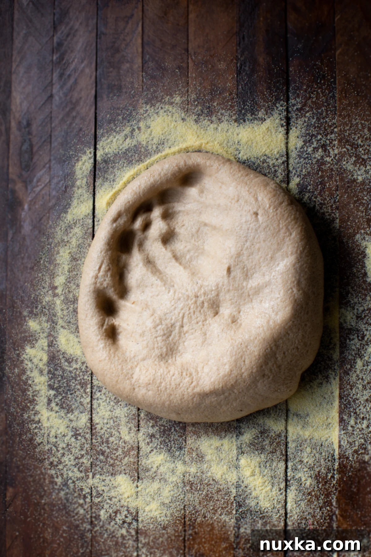 whole wheat pizza dough in cornmeal
