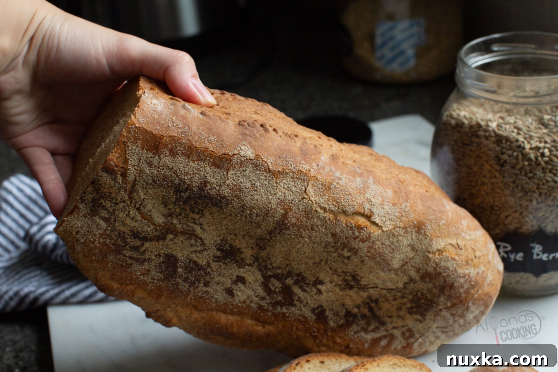 Lithuanian bread crust, showing its dark, textured exterior