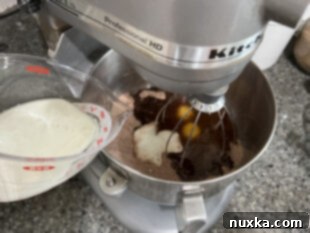 making chocolate cake batter in a stand mixer