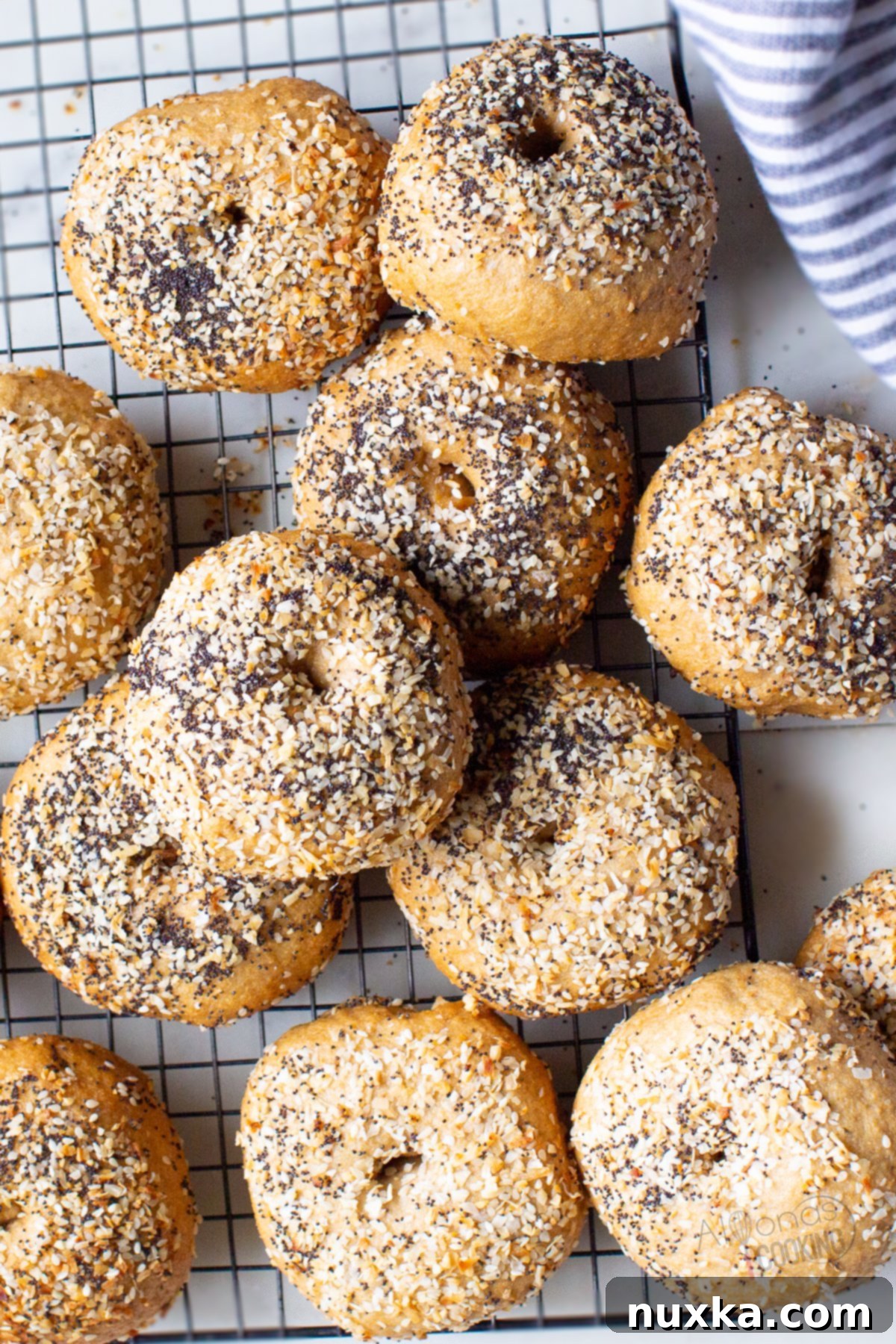 Delicious whole wheat sourdough bagels made with freshly milled flour, golden brown and perfectly shaped.