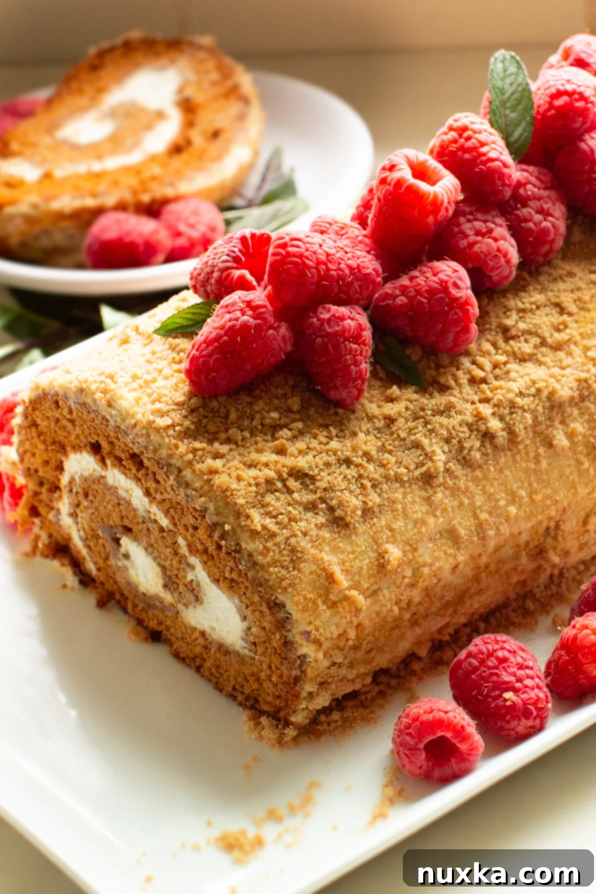 honey cake roll with raspberries