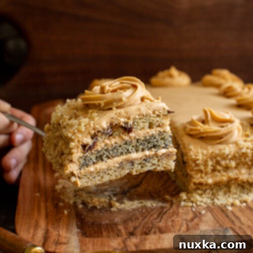 Traditional Ukrainian Poppy Seed Cake with Nuts and Raisins 6 A beautiful slice of Ukrainian poppy seed cake, revealing its layers and creamy frosting