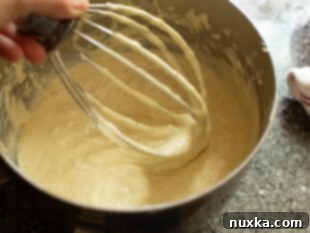 Sponge cake batter in a mixing bowl, showing the thick consistency