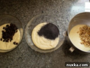 Separate bowls of sponge cake batter with different add-ins