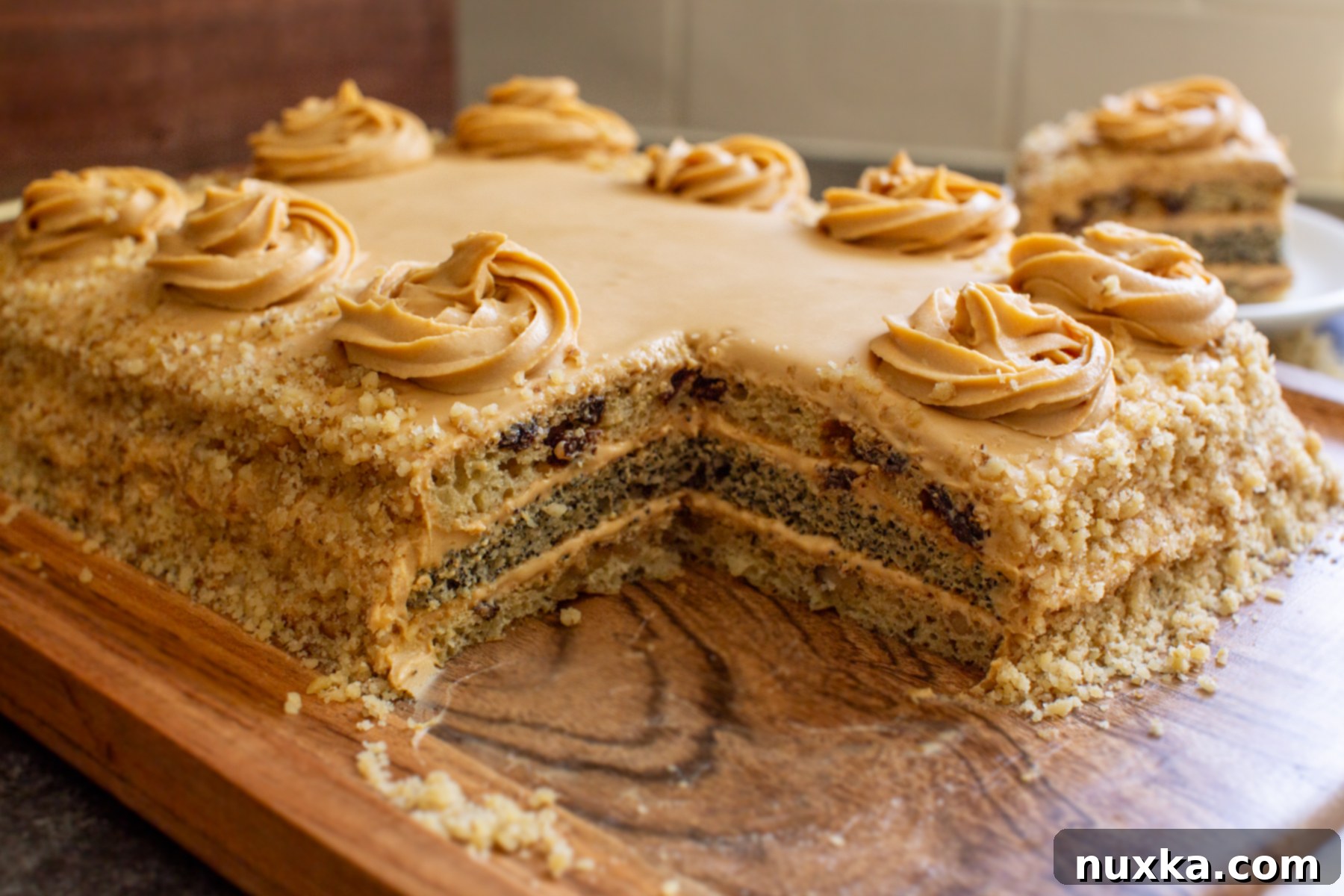 A rectangular Ukrainian poppy seed cake, showing the finished product with a smooth frosting