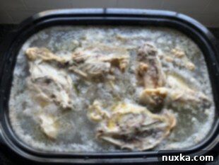 Chicken bones and water in a large roaster oven with vinegar added, starting the broth-making process.
