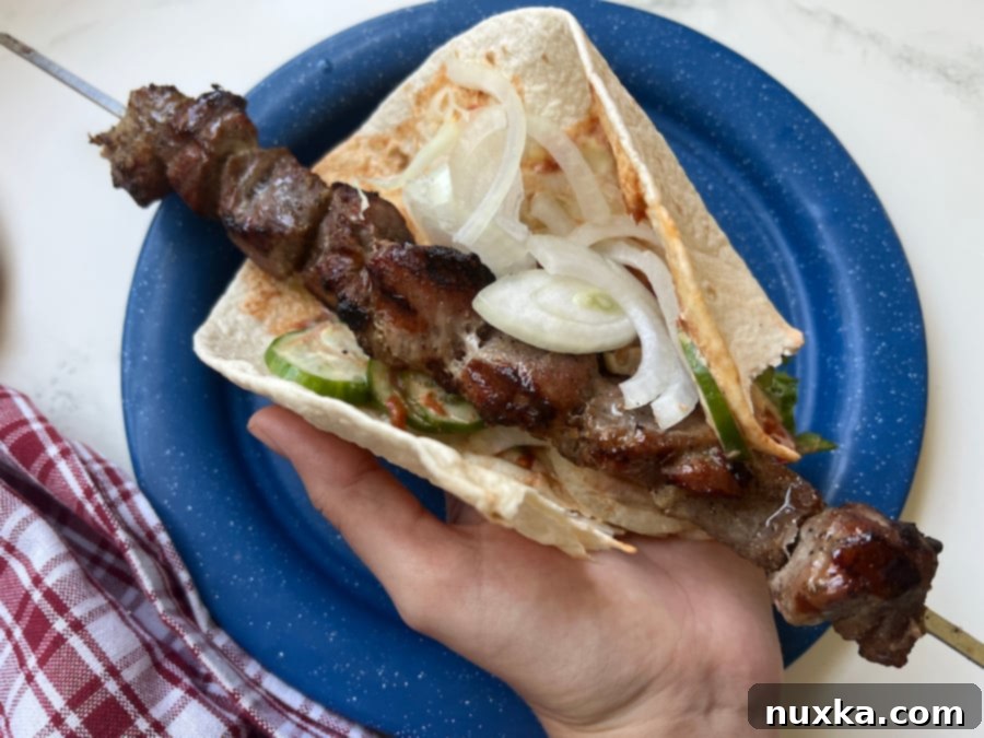 Pork shashlik served in a flour tortilla with fresh vegetables