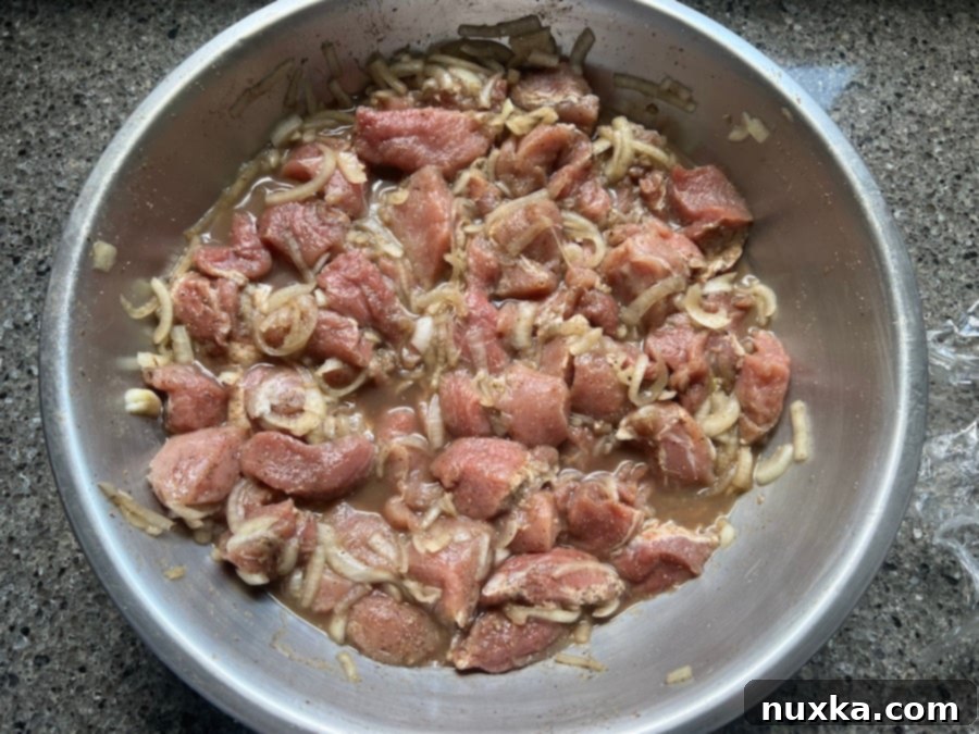 Marinated pork shashlik cubes with sliced onions in a large bowl