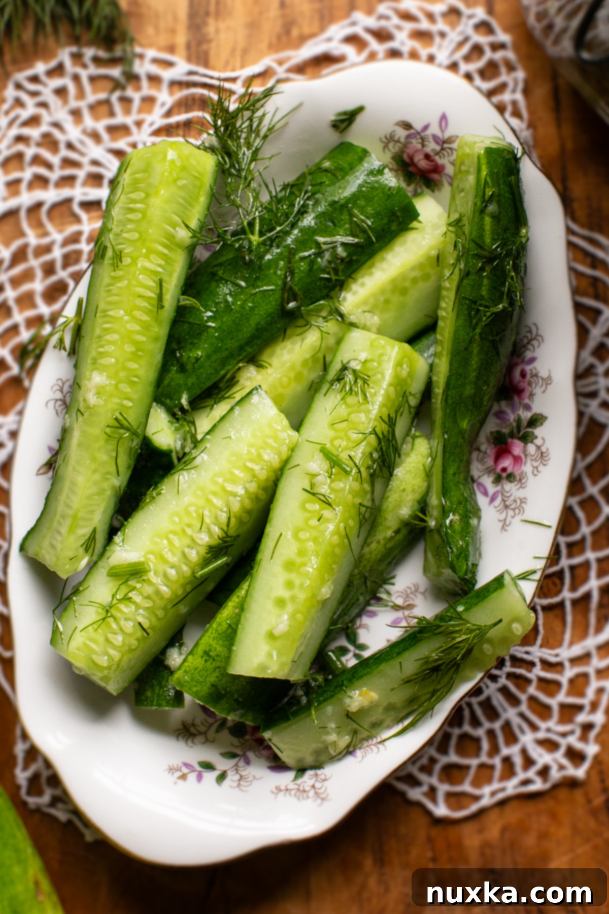 Close-up of crunchy cucumber dill spears in a bowl, ready to serve