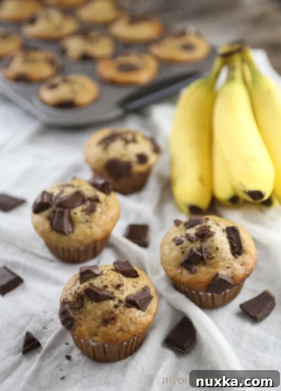 Super moist banana chocolate chip muffins recipe, easy baking with mayonnaise, ripe bananas, chocolate chunks