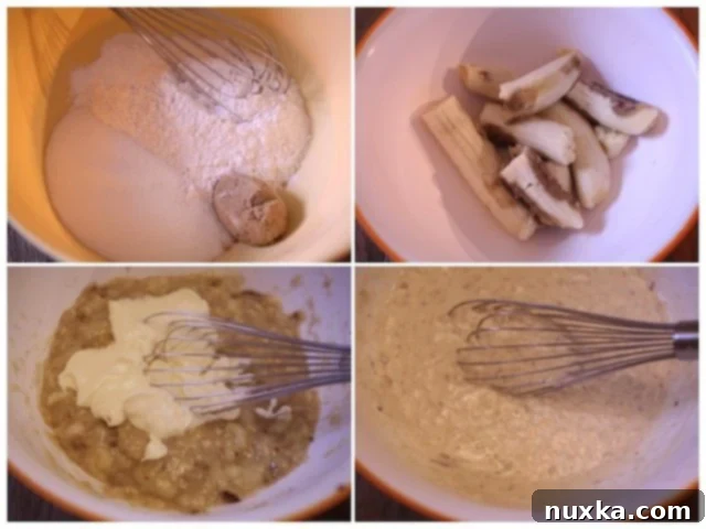 Banana muffin batter being mixed with chocolate chips