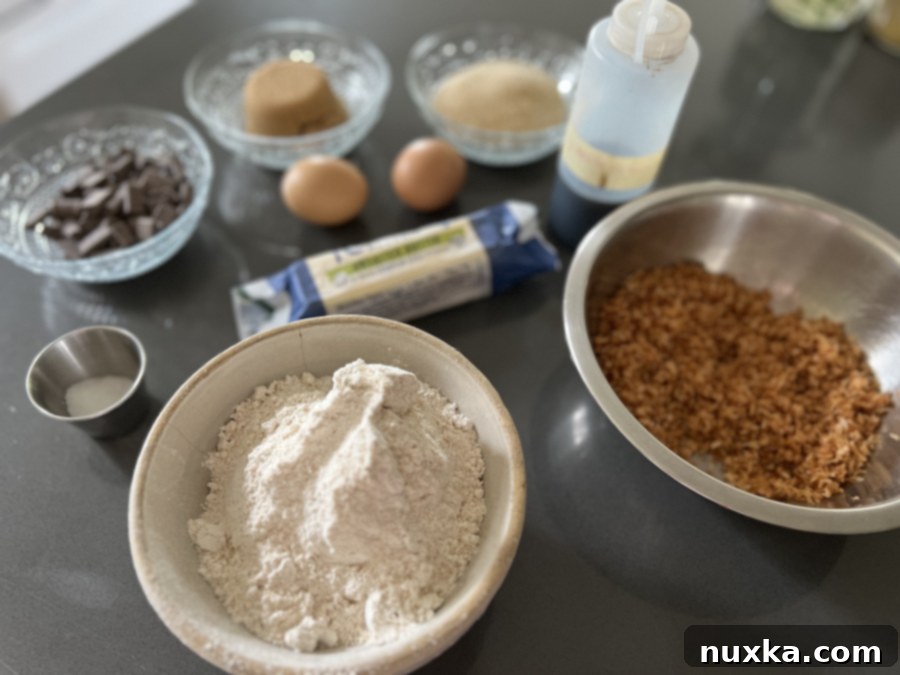 all of the ingredients for coconut chocolate chip cookies 