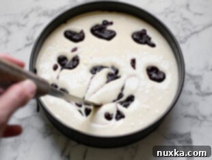 How to make a raspberry swirl cheesecake by running a knife through raspberry preserves to make swirls