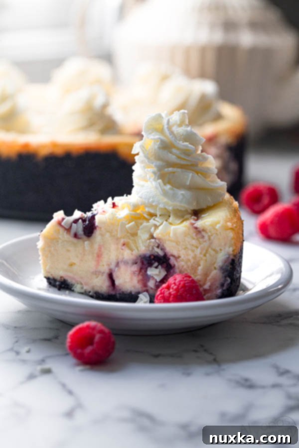 Delicious Raspberry Swirl Cheesecake with a perfect swirl pattern