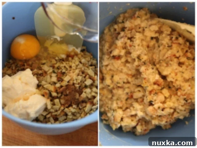 Mixing the chicken stuffing for jumbo shrimp