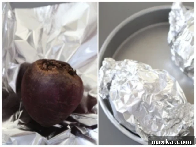 Beets individually wrapped in aluminum foil, ready for baking