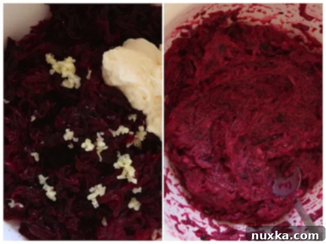 Mixing grated roasted beets with mayonnaise and crushed garlic in a bowl