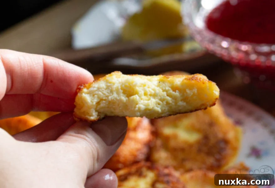 the inside of a Russian Syrniki (Russian cheese pancake)