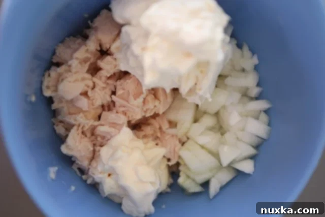 All ingredients for chicken salad spread combined in a bowl before mixing.