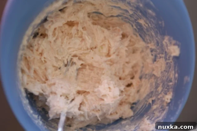 Mixing the chicken spread ingredients with a fork until creamy and well combined.