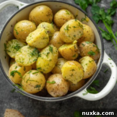 boiled potatoes in a dutch oven pot tossed in garlic salt, butter, and dill