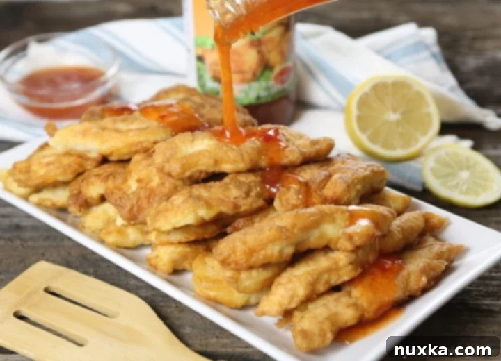 Delicious homemade Chinese chicken fingers drizzled with sweet chili sauce, served on a plate.