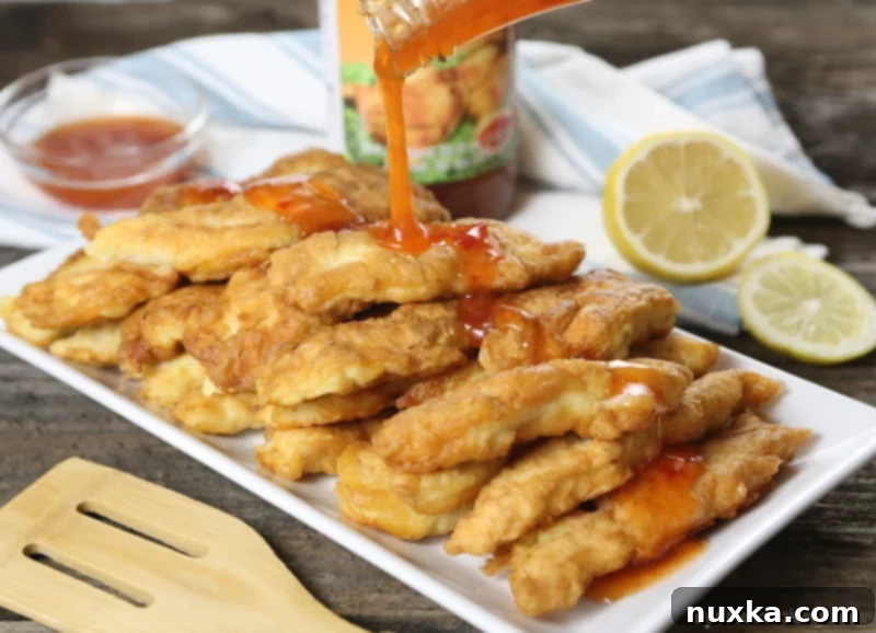 Plated homemade Chinese chicken fingers garnished with sweet chili sauce.