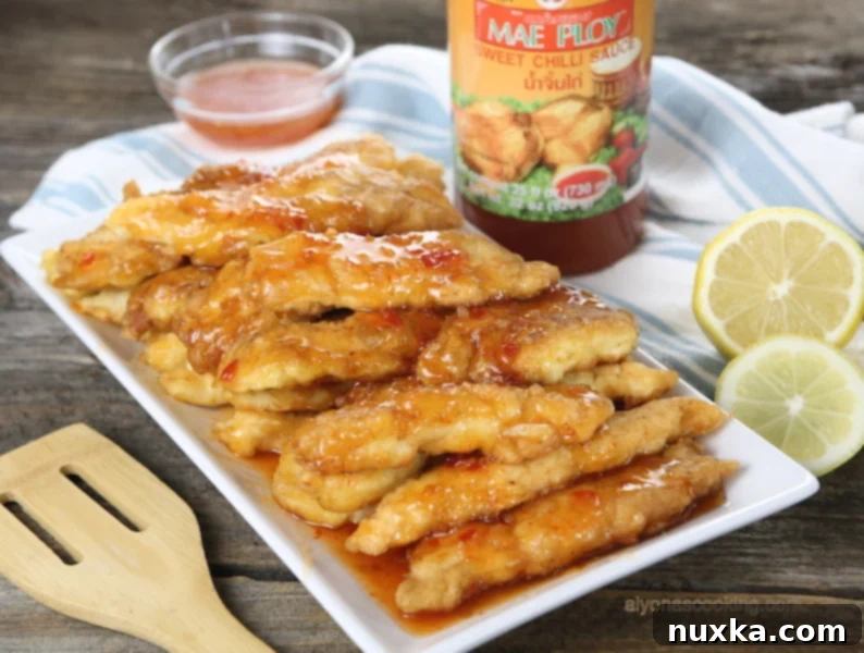 Asian chicken fingers fresh from the fryer, golden and crispy.