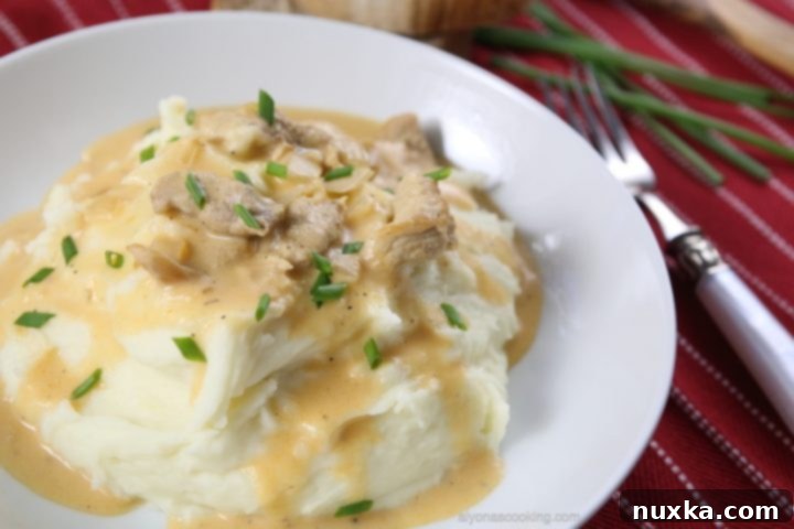 Delicious Russian Pork Gravy served over mashed potatoes